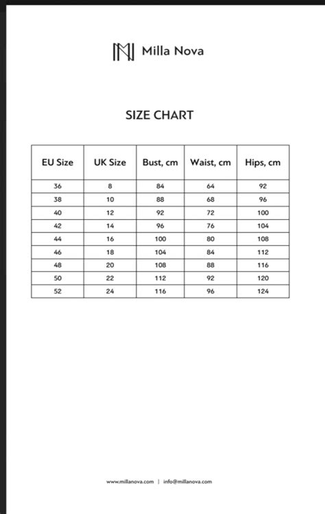 milla nova|milla nova size chart.